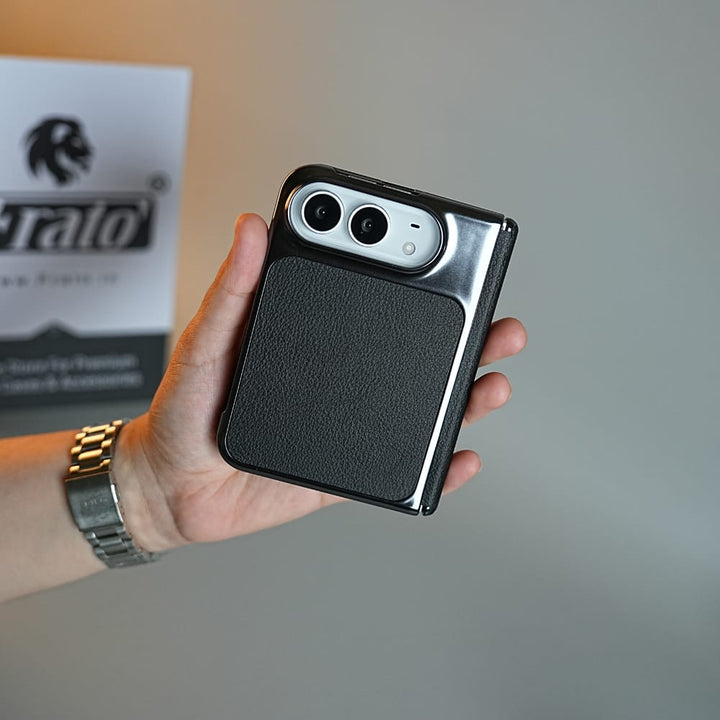 FRATO iPhone Fold Textured Leather Case for iPhone Duo with Front Glass, Matte Chrome Finish &amp; Hinge Protection