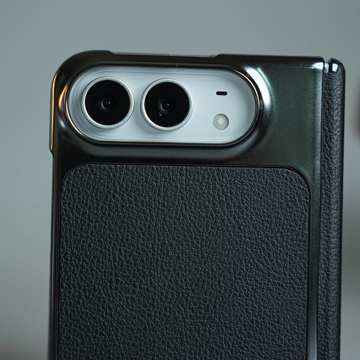 FRATO iPhone Fold Textured Leather Case for iPhone Duo with Front Glass, Matte Chrome Finish &amp; Hinge Protection