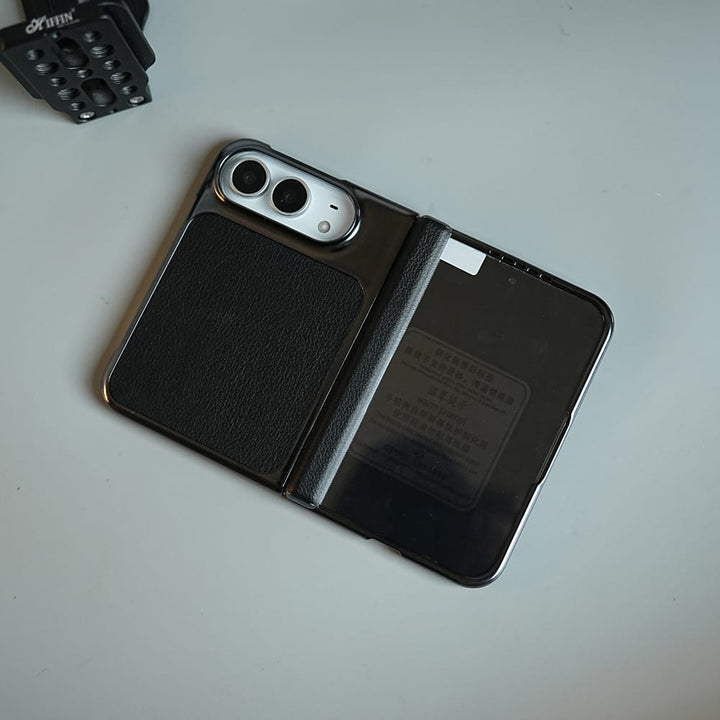 FRATO iPhone Fold Textured Leather Case for iPhone Duo with Front Glass, Matte Chrome Finish &amp; Hinge Protection
