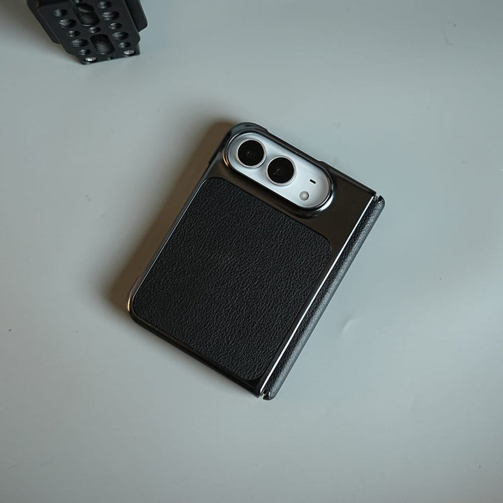 FRATO iPhone Fold Textured Leather Case for iPhone Duo with Front Glass, Matte Chrome Finish &amp; Hinge Protection