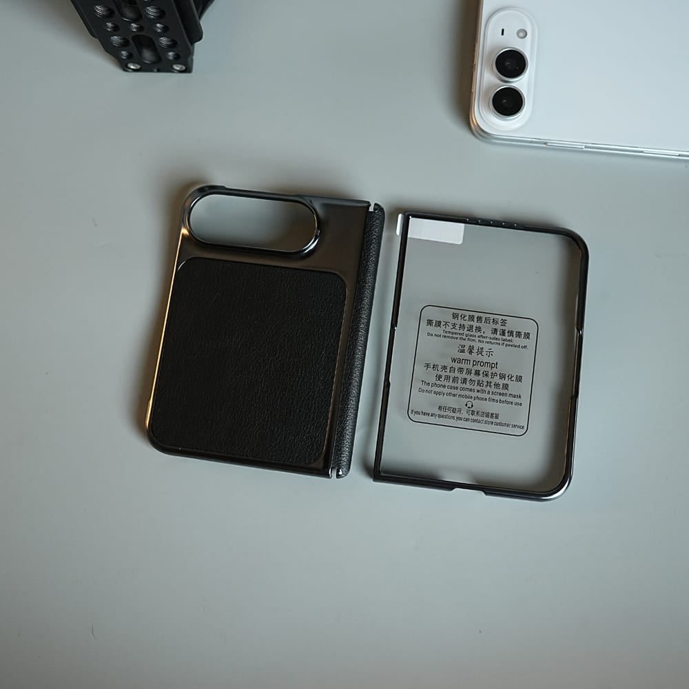 FRATO iPhone Fold Textured Leather Case for iPhone Duo with Front Glass, Matte Chrome Finish &amp; Hinge Protection