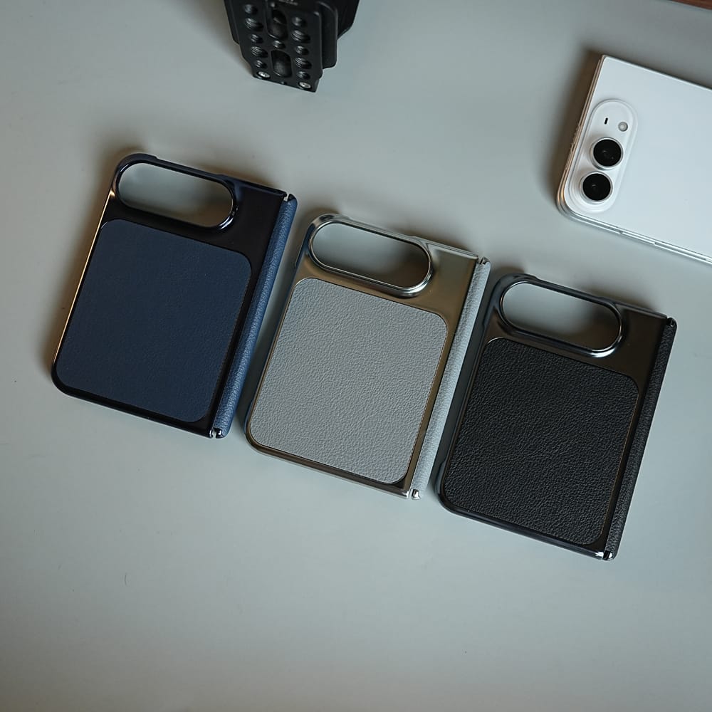 FRATO iPhone Fold Textured Leather Case for iPhone Duo with Front Glass, Matte Chrome Finish &amp; Hinge Protection