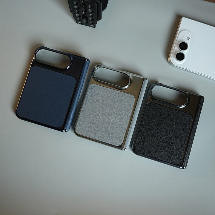 FRATO iPhone Fold Textured Leather Case for iPhone Duo with Front Glass, Matte Chrome Finish &amp; Hinge Protection