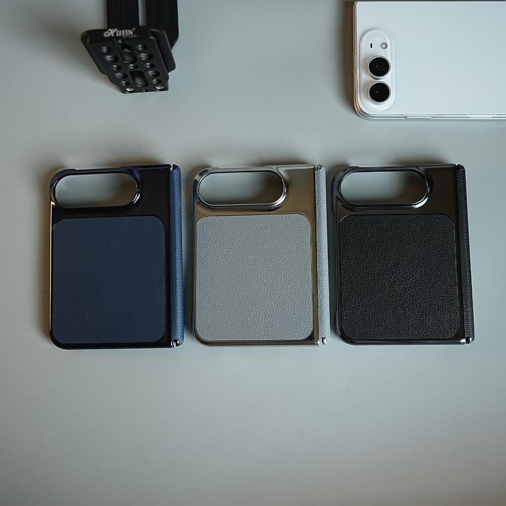 FRATO iPhone Fold Textured Leather Case for iPhone Duo with Front Glass, Matte Chrome Finish &amp; Hinge Protection