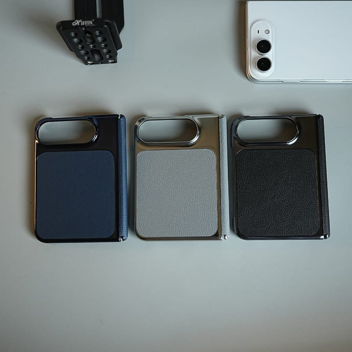 FRATO iPhone Fold Textured Leather Case for iPhone Duo with Front Glass, Matte Chrome Finish &amp; Hinge Protection