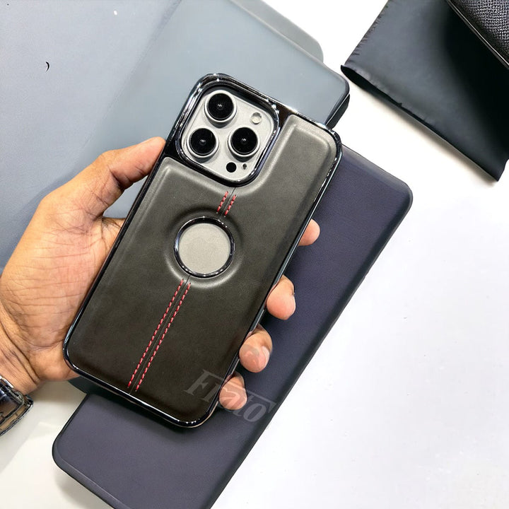 FRATO iPhone Trending iPhone 15 Pro Max / Black iPhone 15 Series  Logo Cut Chrome Plated PU leather Luxry Case Cover