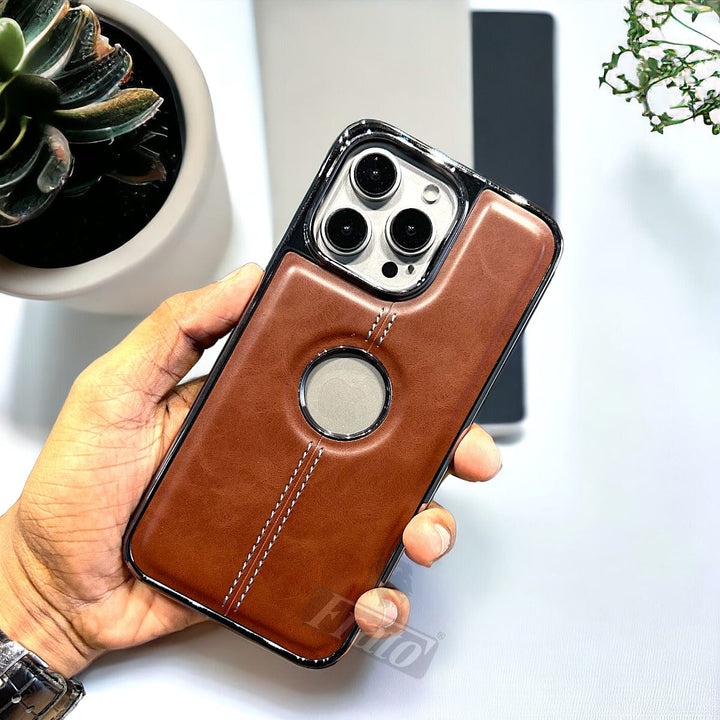 FRATO iPhone Trending iPhone 15 Pro Max / Brown iPhone 15 Series  Logo Cut Chrome Plated PU leather Luxry Case Cover