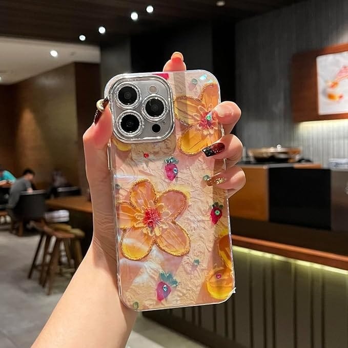 FRATO iPhone Trending iPhone 15 Pro Max iPhone Luxury 3D Oil Painting Floral Design With Glitter Lens Protection Case Cover(Yellow Floral)
