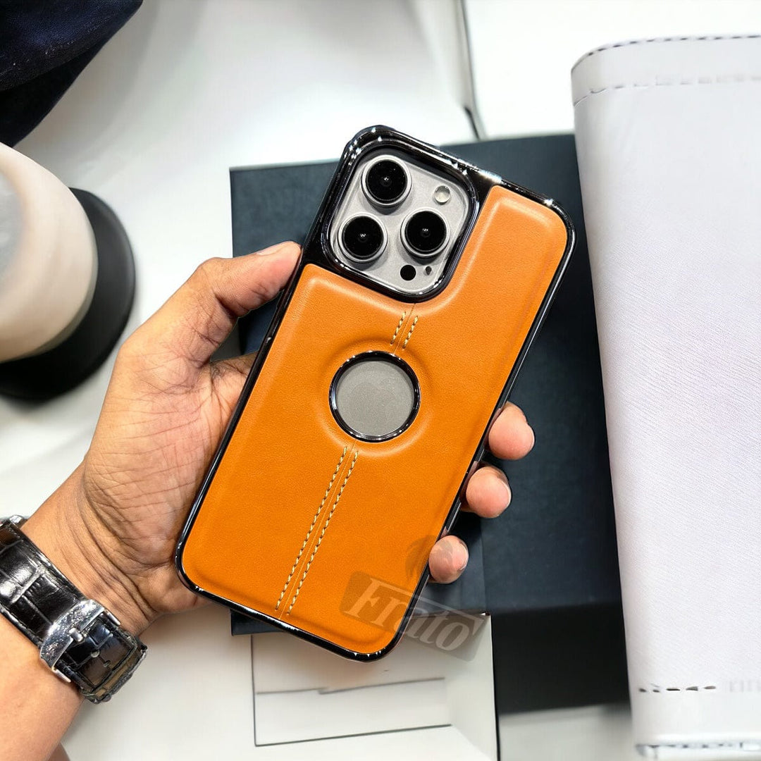 FRATO iPhone Trending iPhone 15 Pro Max / Orange iPhone 15 Series  Logo Cut Chrome Plated PU leather Luxry Case Cover