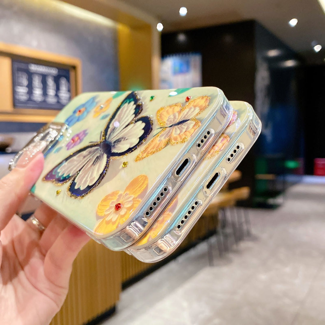 FRATO iPhone Trending iPhone 15 Series 3D Oil Painting Floral And Butterfly Design With Glitter Lens Protection Case Cover