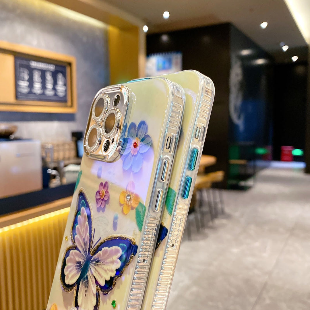 FRATO iPhone Trending iPhone 15 Series 3D Oil Painting Floral And Butterfly Design With Glitter Lens Protection Case Cover