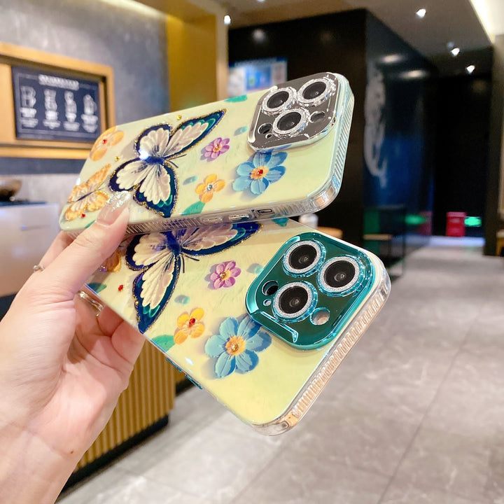 FRATO iPhone Trending iPhone 15 Series 3D Oil Painting Floral And Butterfly Design With Glitter Lens Protection Case Cover