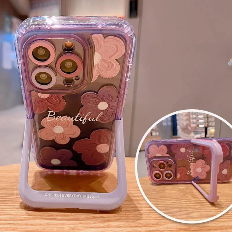 FRATO iPhone Trending iPhone 15 Series Beautiful Purple Glossy Floral With Kickstand Case Cover