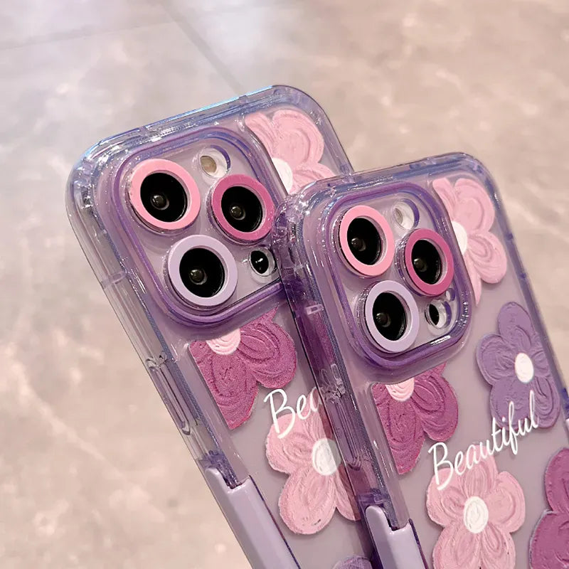 FRATO iPhone Trending iPhone 15 Series Beautiful Purple Glossy Floral With Kickstand Case Cover