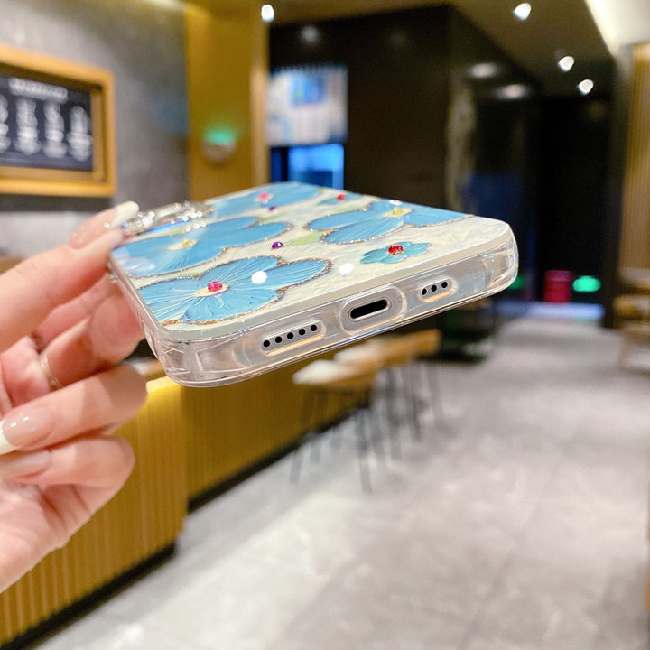 FRATO iPhone Trending iPhone 15 Series Luxury 3D Oil Painting Floral Design With Glitter Lens Protection Case Cover (SkyBlue)