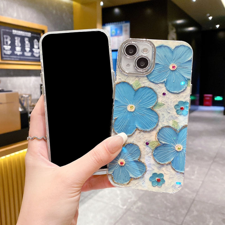 FRATO iPhone Trending iPhone 15 Series Luxury 3D Oil Painting Floral Design With Glitter Lens Protection Case Cover (SkyBlue)
