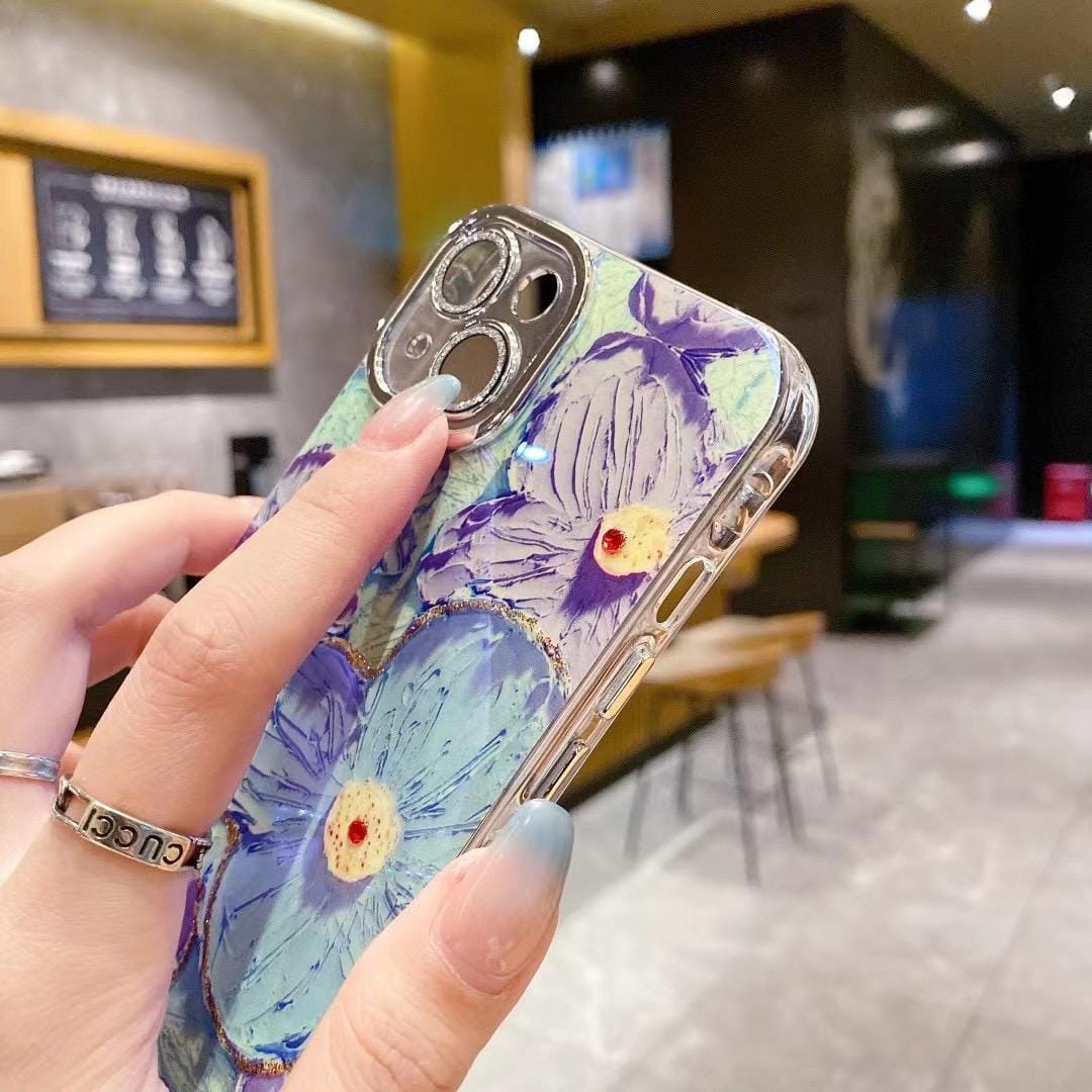 FRATO iPhone Trending iPhone Luxury 3D Oil Painting Floral Design With Glitter Lens Protection Case Cover