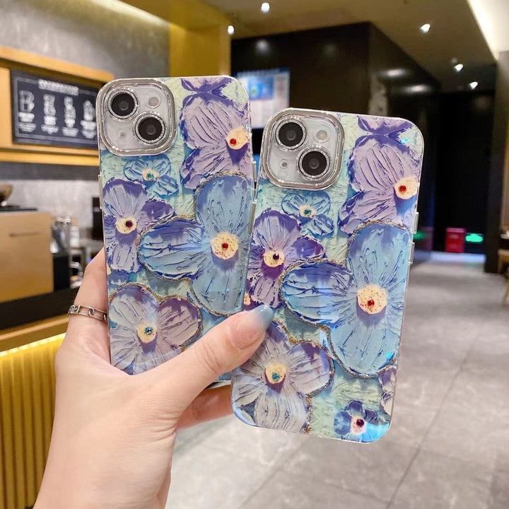 FRATO iPhone Trending iPhone Luxury 3D Oil Painting Floral Design With Glitter Lens Protection Case Cover