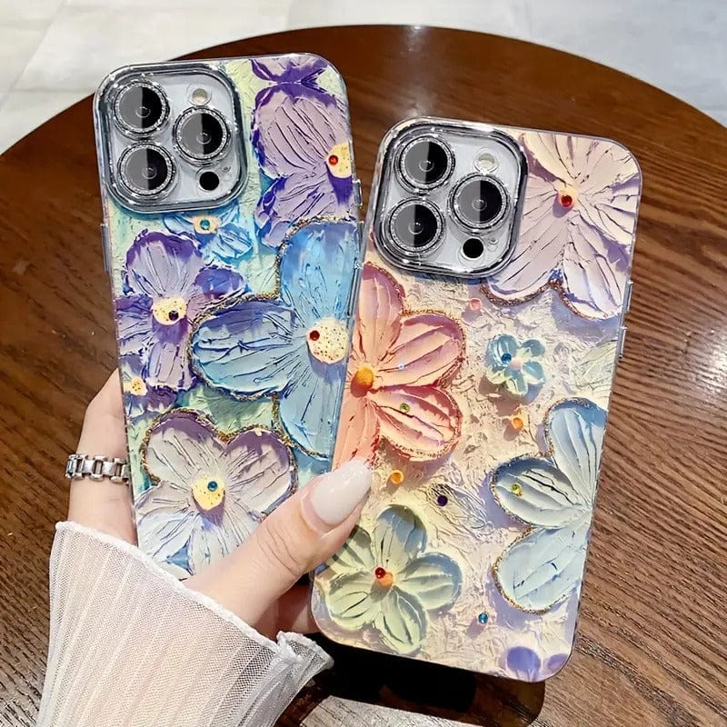 FRATO iPhone Trending iPhone Luxury 3D Oil Painting Floral Design With Glitter Lens Protection Case Cover