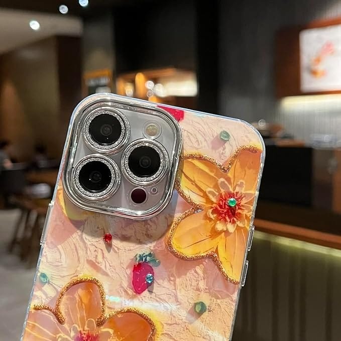 FRATO iPhone Trending iPhone Luxury 3D Oil Painting Floral Design With Glitter Lens Protection Case Cover(Yellow Floral)