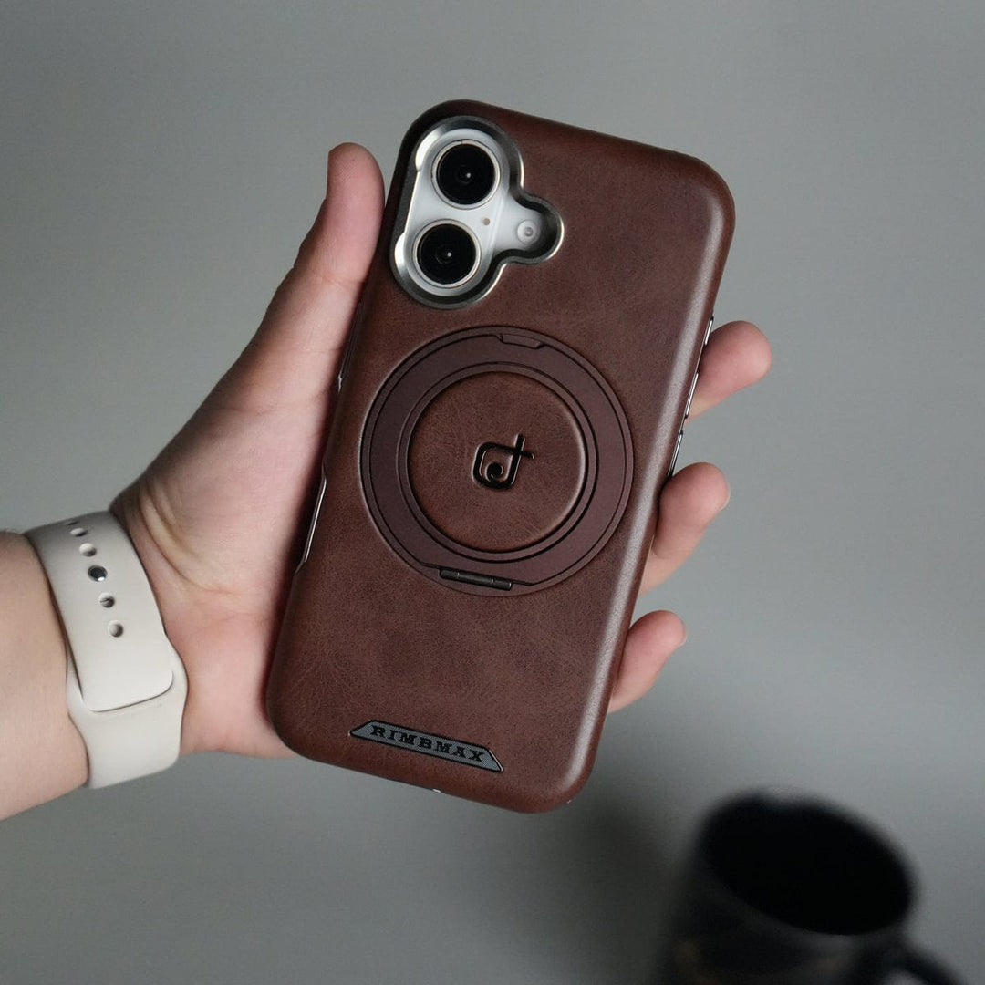 FRATO luxury Case 16 / Brown iPhone 16 Series Luxury Leather Magnetic Ring Case | Metal Camera Frame and Kickstand Cover