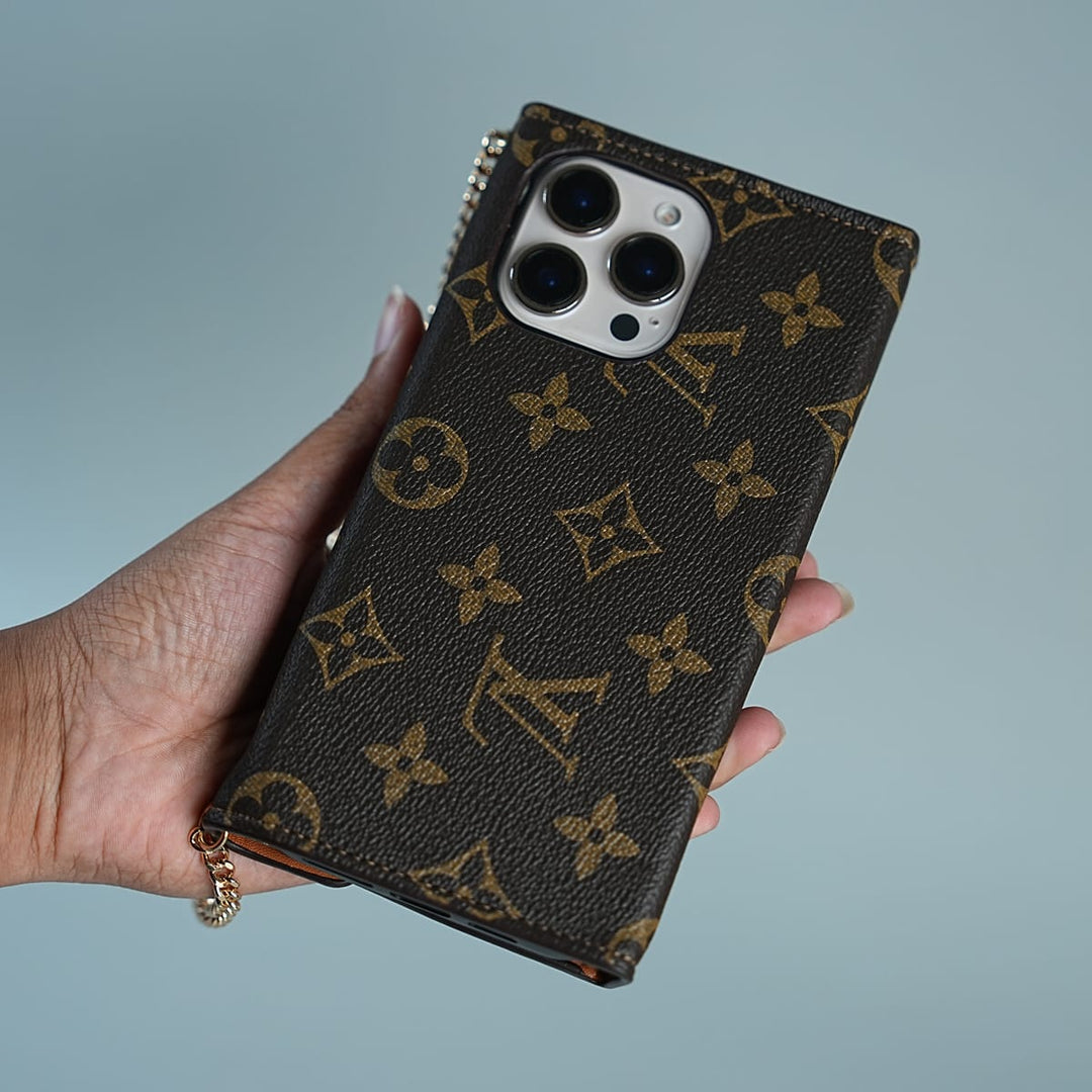 FRATO luxury Case 16 Pro Max iPhone Series Luxury Monogram Lock Wallet Case with Scarf Chain Strap