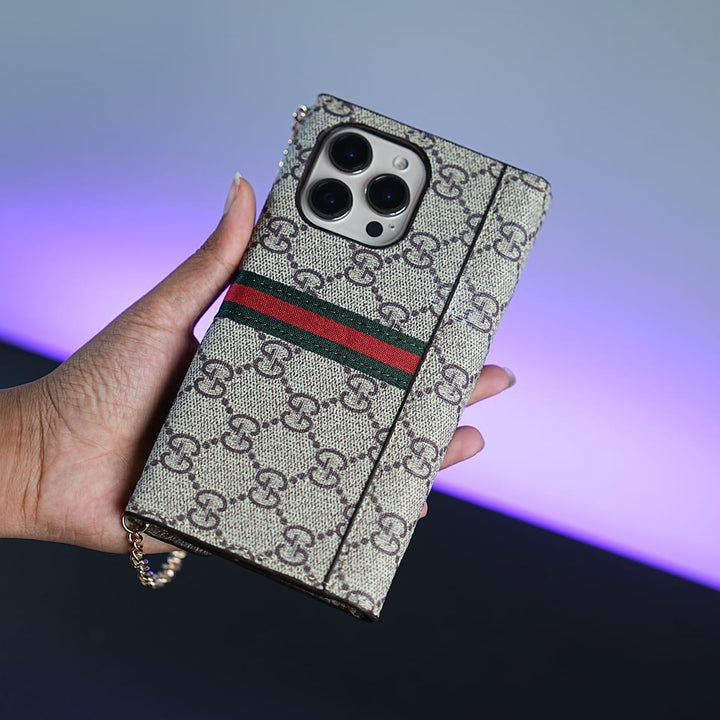 FRATO luxury Case 16 Pro Max iPhone Series Luxury Monogram PU Leather Wallet Case with Braided Chain Strap