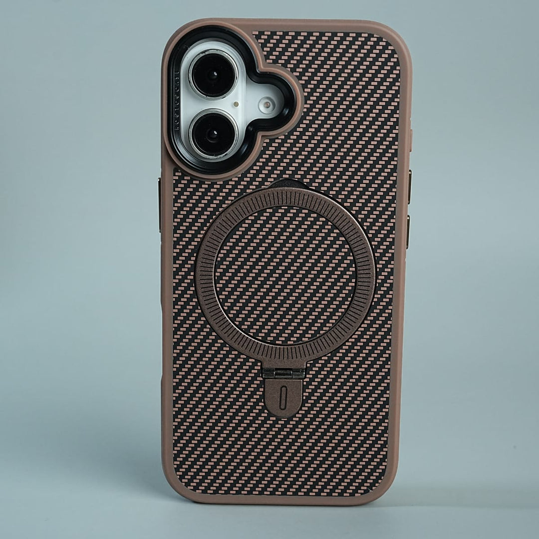 FRATO luxury Case 17 / Copper Brown iPhone Series Premium Carbon-Texture Ring Stand Flip Case | Metal Kickstand | Slim &amp; Protective Cover
