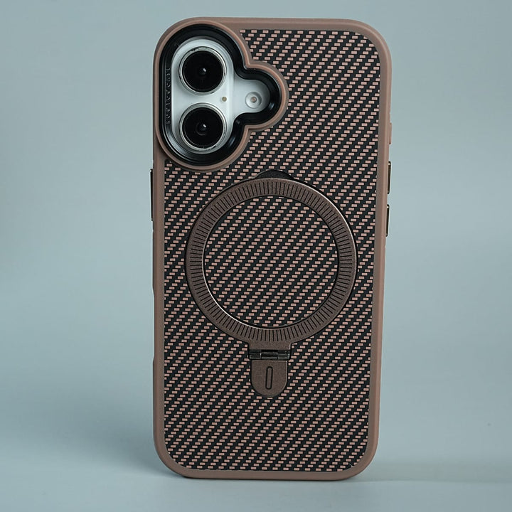 FRATO luxury Case 17 / Copper Brown iPhone Series Premium Carbon-Texture Ring Stand Flip Case | Metal Kickstand | Slim &amp; Protective Cover