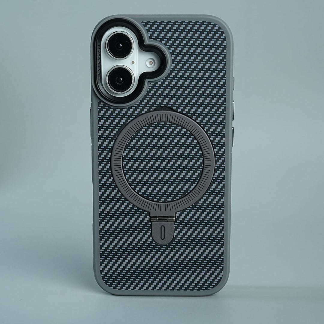 FRATO luxury Case 17 / Gray iPhone Series Premium Carbon-Texture Ring Stand Flip Case | Metal Kickstand | Slim &amp; Protective Cover