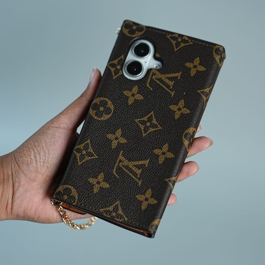FRATO luxury Case 17 iPhone Series Luxury Monogram Lock Wallet Case with Scarf Chain Strap