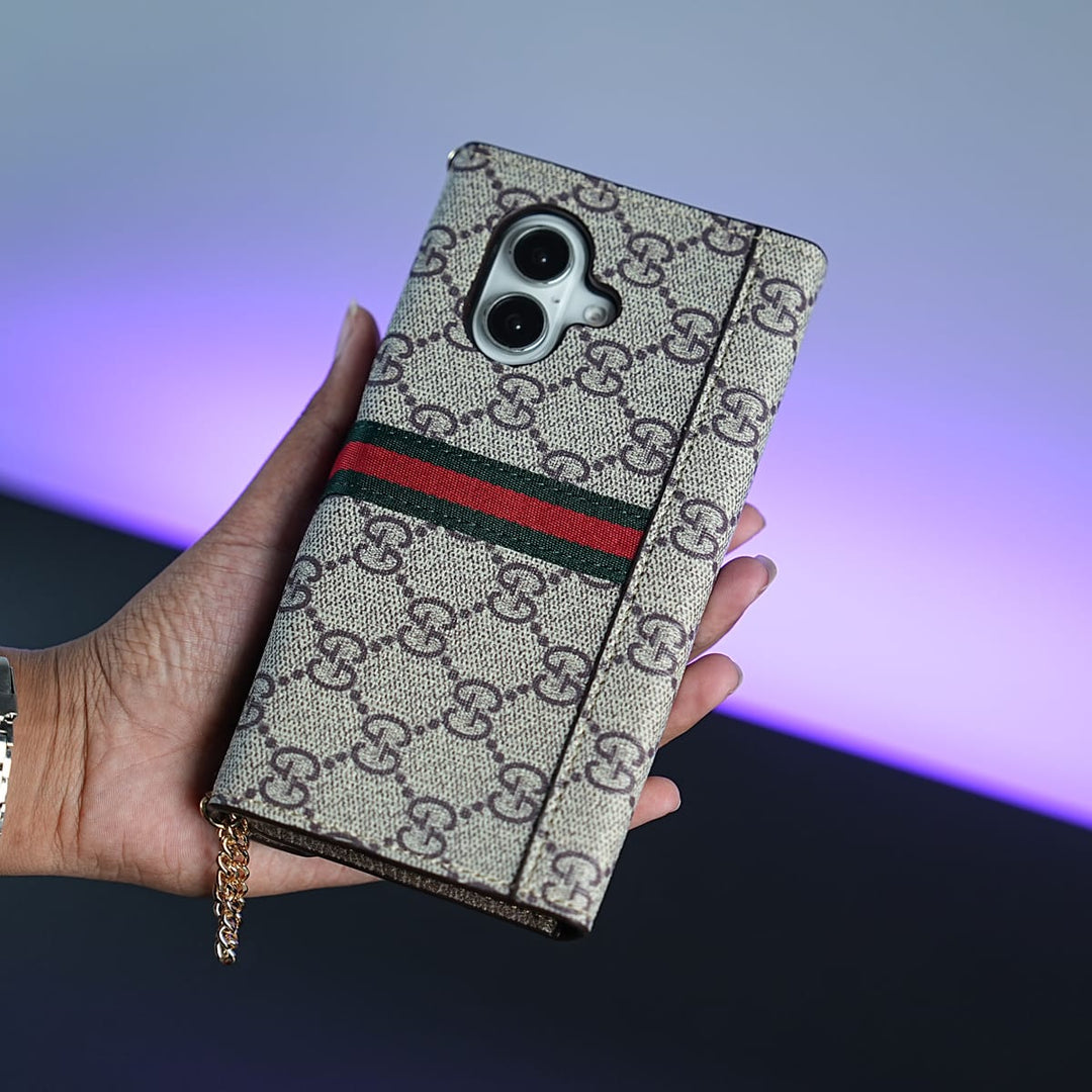 FRATO luxury Case 17 iPhone Series Luxury Monogram PU Leather Wallet Case with Braided Chain Strap