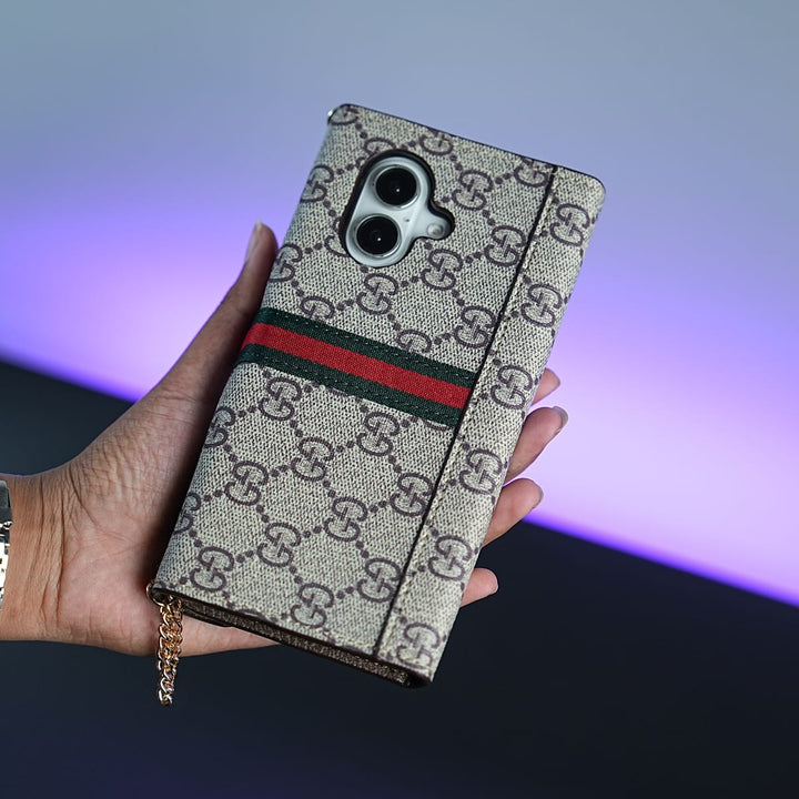 FRATO luxury Case 17 iPhone Series Luxury Monogram PU Leather Wallet Case with Braided Chain Strap