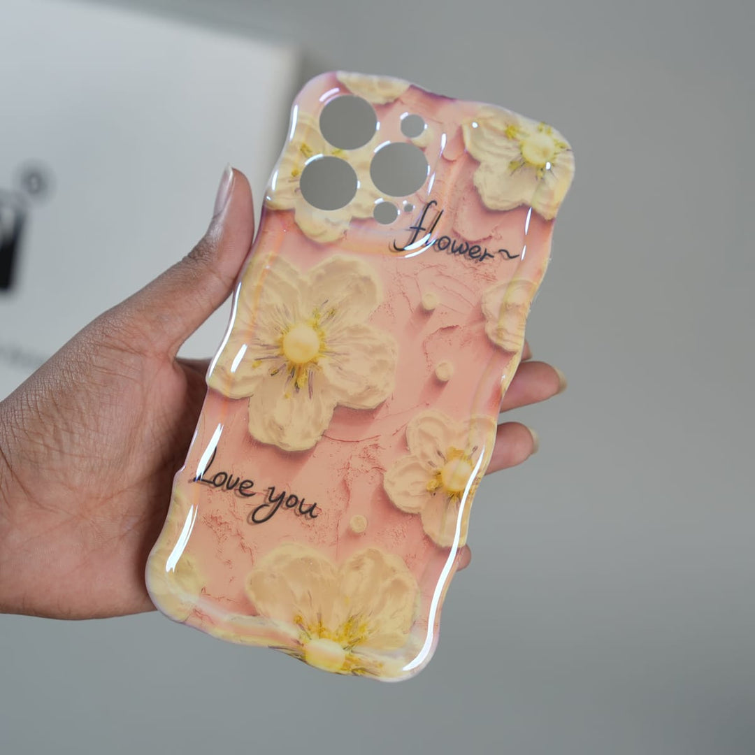 FRATO luxury Case 17 Pro iPhone Series Cute Floral Wavy Glossy Case with Beaded Bow Charm