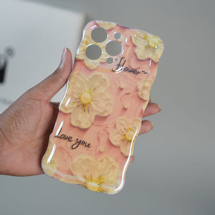 FRATO luxury Case 17 Pro iPhone Series Cute Floral Wavy Glossy Case with Beaded Bow Charm