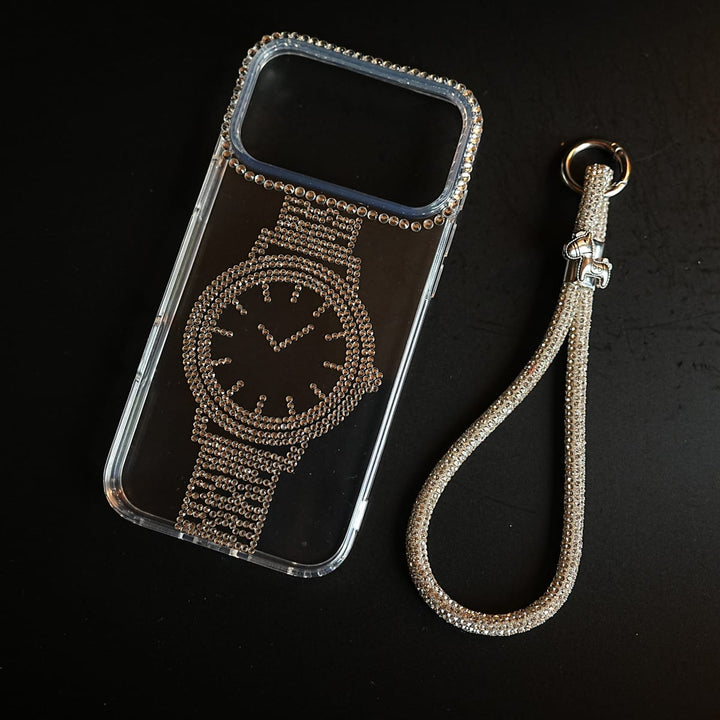 FRATO luxury Case 17 Pro Max Crystal Watch Design Clear Case for iPhone Series | Rhinestone Wrist Strap