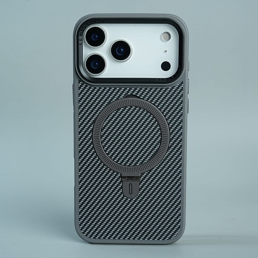 FRATO luxury Case 17 Pro Max / Gray iPhone Series Premium Carbon-Texture Ring Stand Flip Case | Metal Kickstand | Slim &amp; Protective Cover