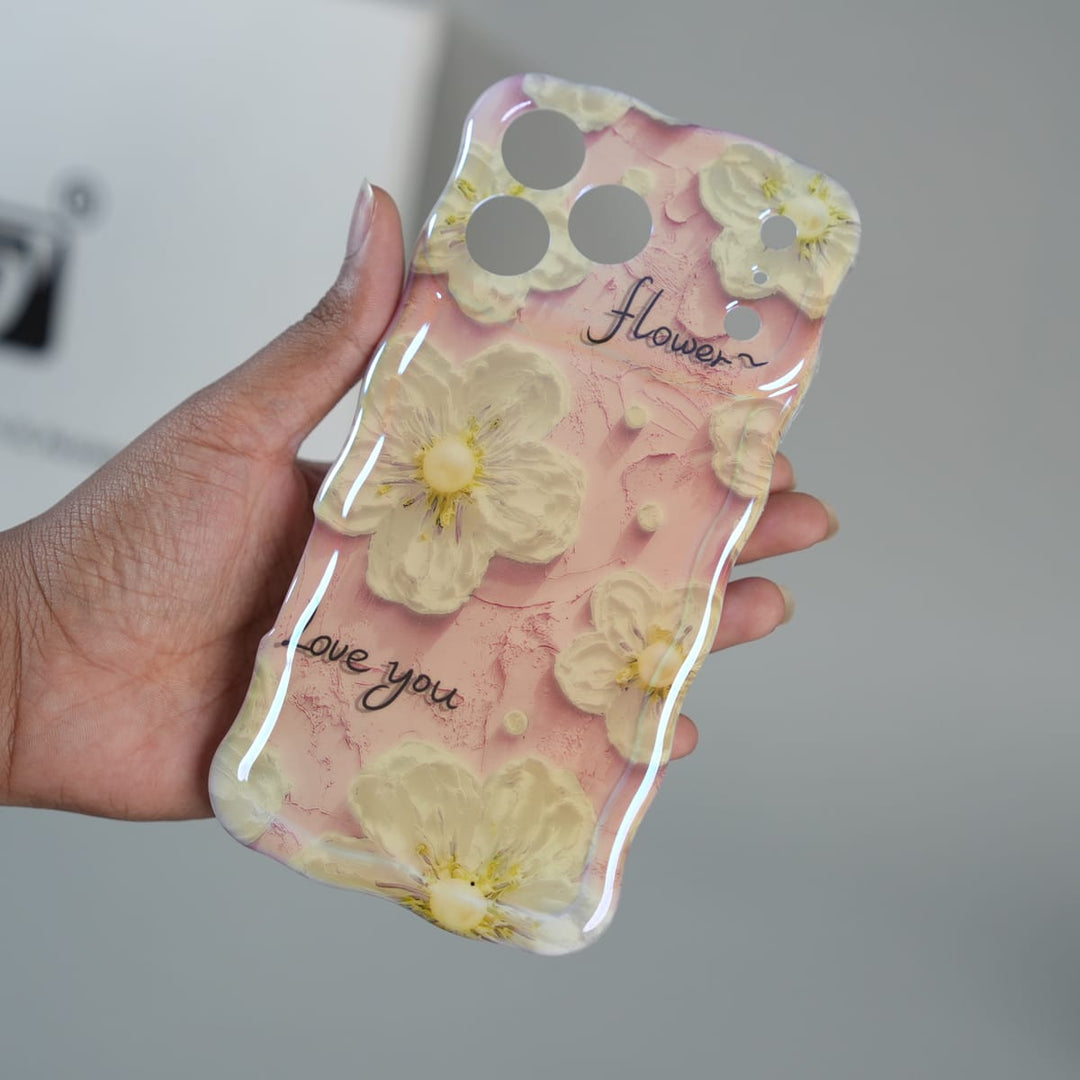 FRATO luxury Case 17 Pro Max iPhone Series Cute Floral Wavy Glossy Case with Beaded Bow Charm