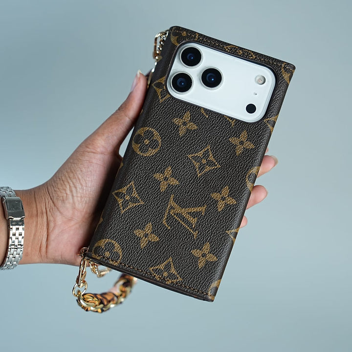 FRATO luxury Case 17 Pro Max iPhone Series Luxury Monogram Lock Wallet Case with Scarf Chain Strap