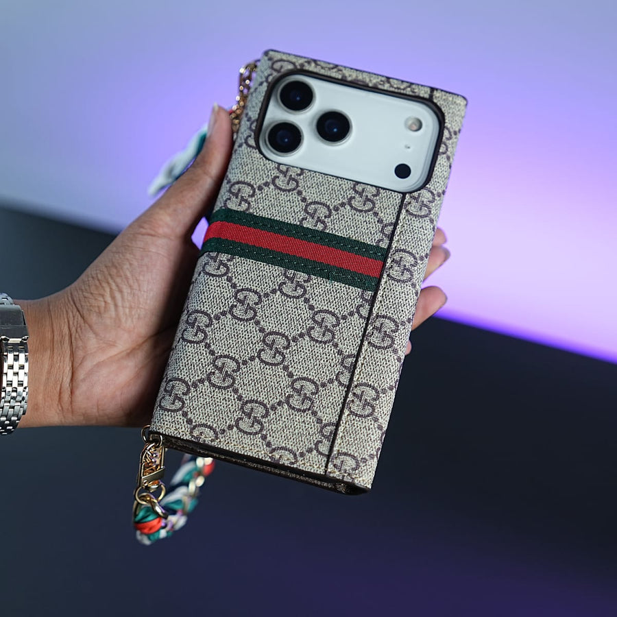 FRATO luxury Case 17 Pro Max iPhone Series Luxury Monogram PU Leather Wallet Case with Braided Chain Strap