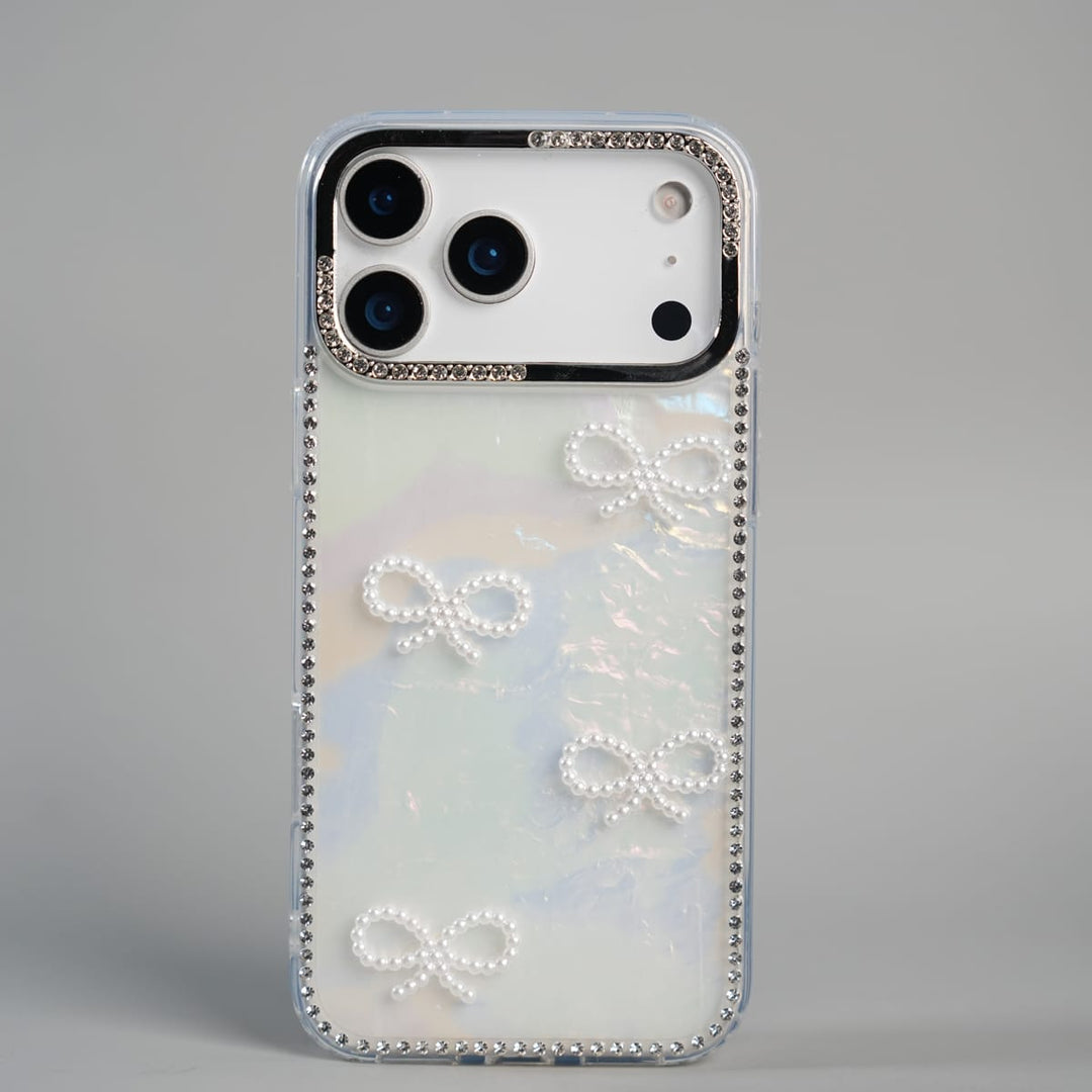 FRATO luxury Case 17 Pro Max iPhone Series Premium Pearl Bow Crystal Border Shimmer Case