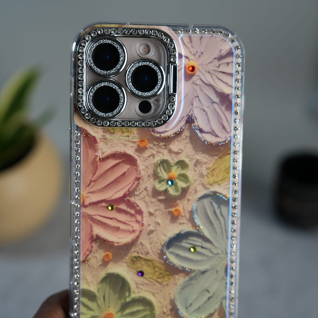 FRATO luxury Case iPhone 14 Pro iPhone Luxury 3D Oil Painting Floral Design Glitter Lens Protection Stand Cover | Orange