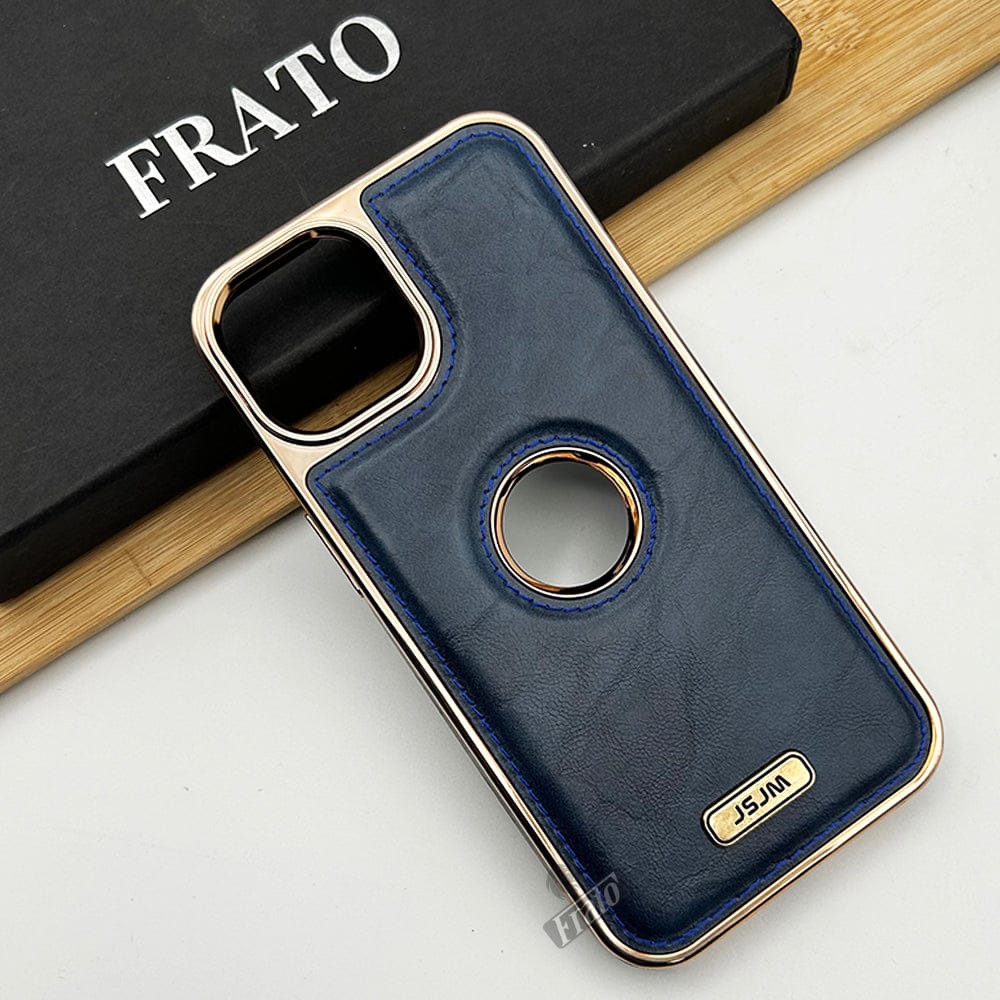 FRATO luxury Case iPhone 14 Pro Max / Blue iPhone Luxury PU Leather Chrome Plated Logo Cut Case Cover