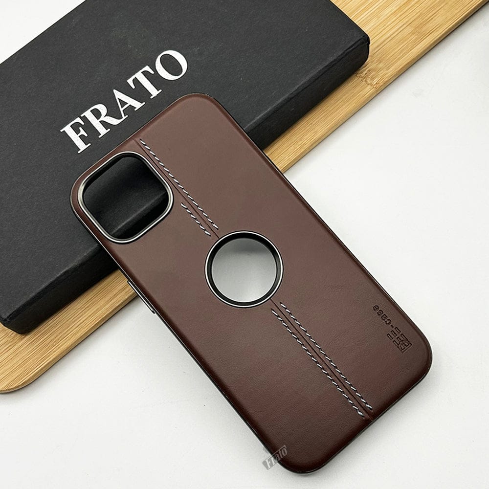 FRATO luxury Case iPhone 14 PU Smooth Leather Case With Metal Frame Camera Protection Logo cut Cover(Brown)