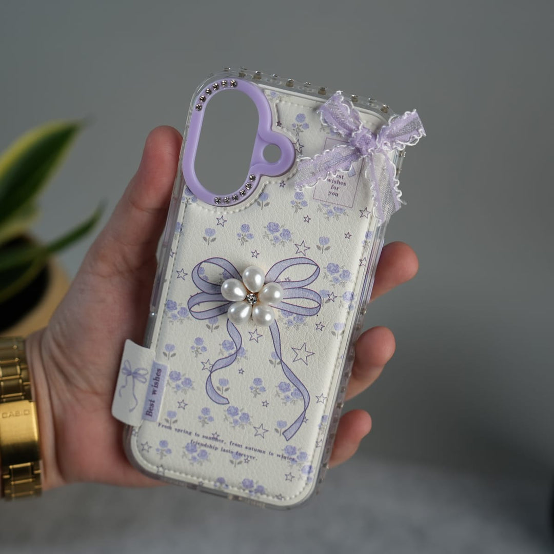FRATO luxury Case iPhone 15 iPhone Cute Bow Pearl Case | Lavender Aesthetic Designer Cover