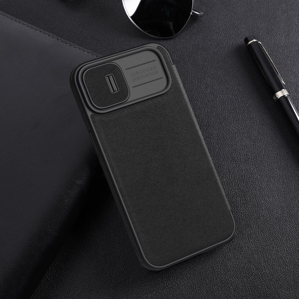 FRATO luxury Case iPhone 15 Nillkin Qin Pro Plain Leather+Cloth Flip case Cover (Black)