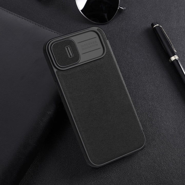 FRATO luxury Case iPhone 15 Nillkin Qin Pro Plain Leather+Cloth Flip case Cover (Black)