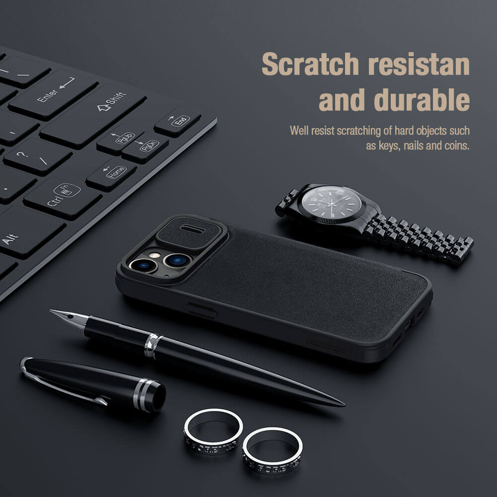 FRATO luxury Case iPhone 15 Nillkin Qin Pro Plain Leather+Cloth Flip case Cover (Black)
