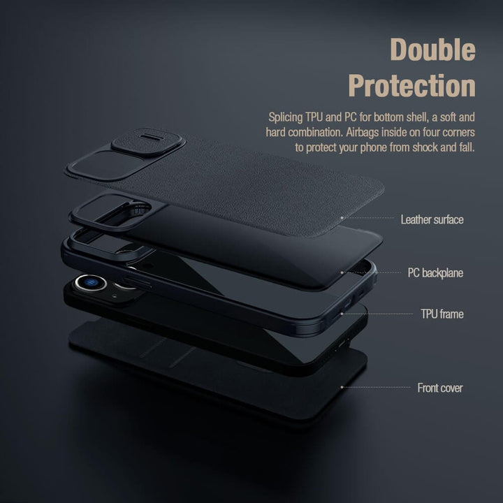 FRATO luxury Case iPhone 15 Nillkin Qin Pro Plain Leather+Cloth Flip case Cover (Black)