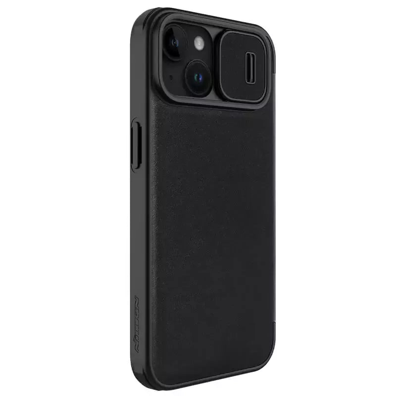 FRATO luxury Case iPhone 15 Nillkin Qin Pro Plain Leather+Cloth Flip case Cover (Black)